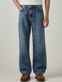 Mufti - Blue Cotton Mid Waist Wide Leg Solid Jeans