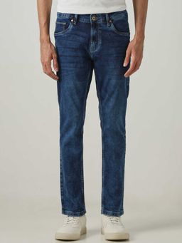 Mufti - Blue Cotton Blend Mid Waist Straight Leg Solid Jeans