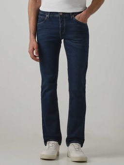 Mufti - Navy Blue Cotton Blend Mid Waist Slim Leg Solid Jeans