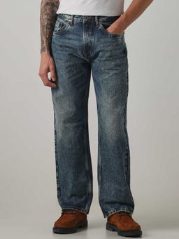 Mufti - Blue Cotton Mid Waist Wide Leg Solid Jeans