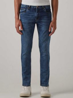 Mufti - Blue Cotton Blend Mid Waist Straight Leg Solid Jeans