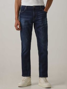 Mufti - Blue Cotton Blend Mid Waist Straight Leg Solid Jeans