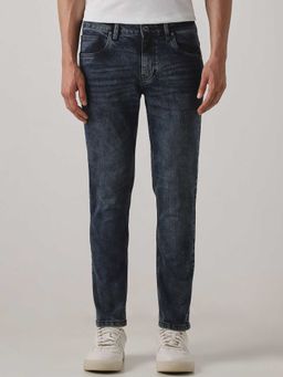 Mufti - Blue Cotton Blend Mid Waist Straight Leg Solid Jeans