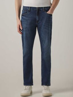 Mufti - Blue Cotton Blend Mid Waist Straight Leg Solid Jeans