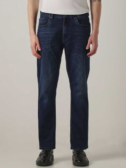 Mufti - Blue Cotton Blend Mid Waist Straight Leg Solid Jeans