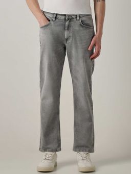 Mufti - Grey Cotton Blend Mid Waist Straight Leg Solid Jeans