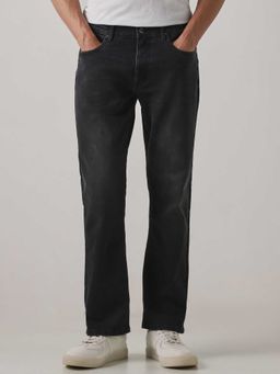 Mufti - Black Cotton Blend Mid Waist Straight Leg Solid Jeans