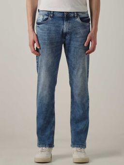 Mufti - Blue Cotton Blend Mid Waist Straight Leg Solid Jeans