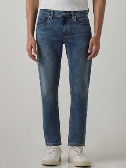 Mufti - Blue Denim Mid Waist Slim Leg Solid Jeans