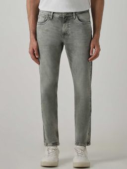 Mufti - Grey Cotton Blend Mid Waist Slim Leg Solid Jeans