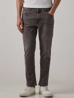 Mufti - Brown Cotton Blend Mid Waist Straight Leg Solid Jeans