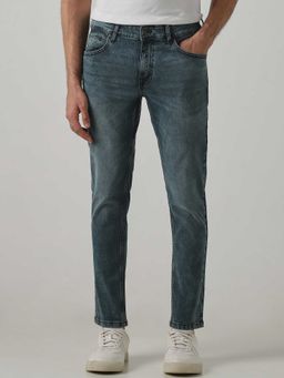 Mufti - Blue Cotton/Elastane Mid Waist Straight Leg Solid Jeans