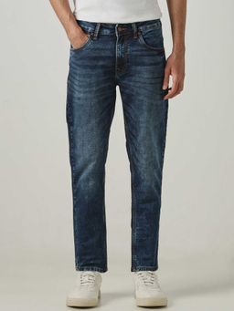 Mufti - Blue Cotton Blend Mid Waist Straight Leg Textured Jeans