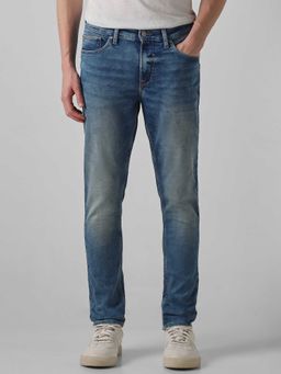 Mufti - Blue Cotton Blend Mid Waist Slim Leg Solid Jeans