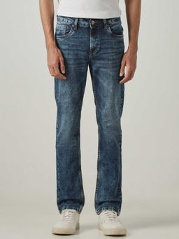 Mufti - Blue Cotton Blend Mid Waist Slim Leg Solid Jeans