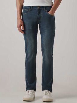 Mufti - Blue Cotton Blend Mid Waist Slim Leg Solid Jeans