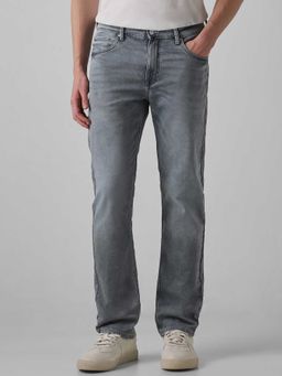 Mufti - Grey Cotton Blend Mid Waist Straight Leg Solid Jeans
