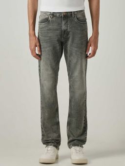 Mufti - Grey Cotton Blend Mid Waist Straight Leg Solid Jeans