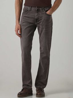 Mufti - Brown Cotton Blend Mid Waist Straight Leg Solid Jeans