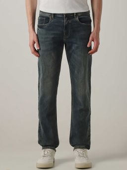 Mufti - Olive Cotton Blend Mid Waist Straight Leg Solid Jeans