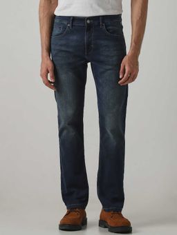 Mufti - Blue Cotton Blend Mid Waist Straight Leg Solid Jeans