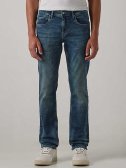 Mufti - Blue Cotton/Elastane Mid Waist Slim Leg Solid Jeans