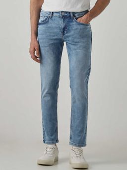 Mufti - Blue Cotton Blend Mid Waist Straight Leg Solid Jeans