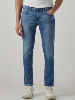 Mufti - Blue Cotton Blend Mid Waist Straight Leg Solid Jeans