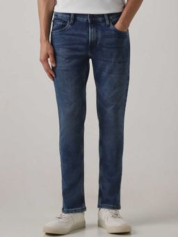 Mufti - Blue Cotton Blend Mid Waist Straight Leg Solid Jeans