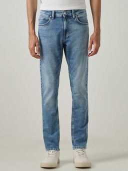 Mufti - Blue Cotton Blend Mid Waist Slim Leg Solid Jeans