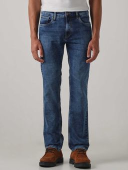 Mufti - Blue Cotton Blend Mid Waist Straight Leg Solid Jeans