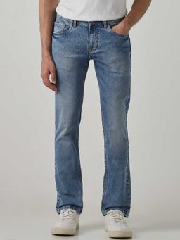 Mufti - Blue Cotton Blend Mid Waist Slim Leg Textured Jeans