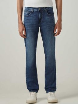 Mufti - Blue Cotton Blend Mid Waist Slim Leg Patterned Jeans