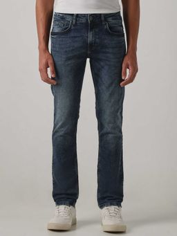 Mufti - Blue Cotton Blend Mid Waist Slim Leg Solid Jeans