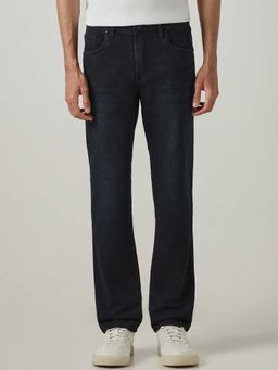Mufti - Black Cotton Blend Mid Waist Straight Leg Solid Jeans