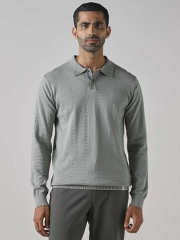 Mufti - Cotton Full Sleeves Collar Neck Self Design Polo T-Shirt