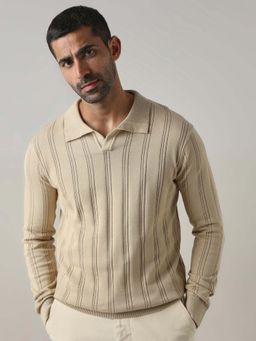 Mufti - Cotton Full Sleeves Collar Neck Stripes Polo T-Shirt