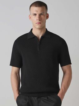 Mufti - Cotton Half Sleeves Collar Neck Textured Polo T-Shirt