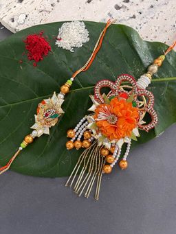 Digital Dress Room - Designer Rakhi Lumba Set Orange Designs Rakhi for Brother & Bhabhi (Pack of 2)