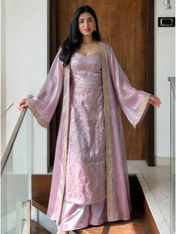 Kedar Fab - Shimmer Silk Sequins Embroidered Purple Kurta And Palazzo With Shrug