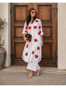 LAALZARI - White Cotton Floral Applique Oversized Co-Ord Set