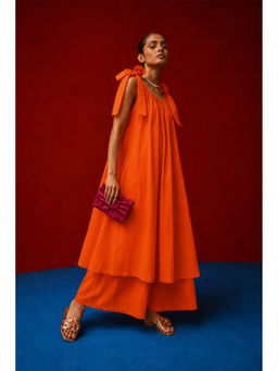 LAALZARI - Tangerine Tie-Shoulder Glaze Cotton Orange Kurta and Palazzo