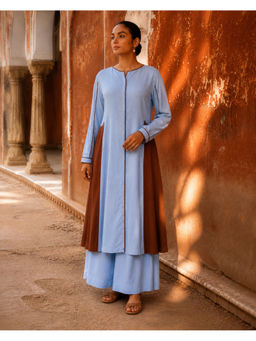 LAALZARI - Blue Linen Contrast Piping Co-Ord Set