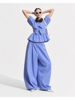 LAALZARI - Women Blue Gingham Bow Cotton Co-Ord Set