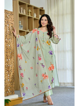 THE52 - Floral Print Work Chanderi Fabric Green Kurta And Pant With Dupatta