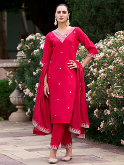 THE52 - Gorgeous Embroidery Rayon Slub Fabric Red Kurta And Pant With Dupatta