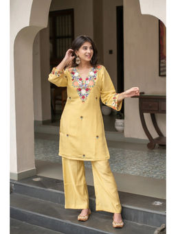 THE52 - Women'S Beautiful Embroidered French Crepe Fabric Yellow Kurta And Pant