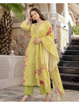 THE52 - Chanderi Fabric Floral Print Yellow Kurta And Pant With Dupatta