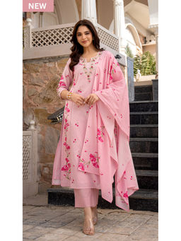 THE52 - Chanderi Fabric Floral Print Pink Kurta And Pant With Dupatta