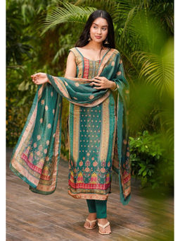 Kedar Fab - Women'S Chanderi Silk Printed Sleeveless Teal Kurta And Pant With Dupatta
